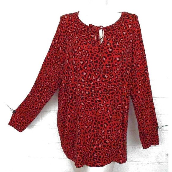 Jessica Simpson 1X Red Black Cheetah Print Hi Low Hem Stretch Tunic Top - Picture 3 of 6